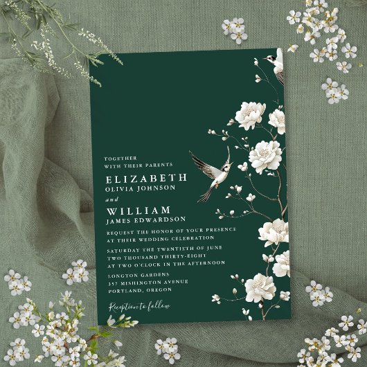 Smaragdgroene Chinoiserie Bloementuin Bruiloft Kaart