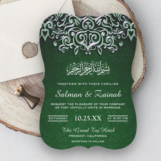 Smaragdgroene Damast Islamitische Moslim Bruiloft Kaart