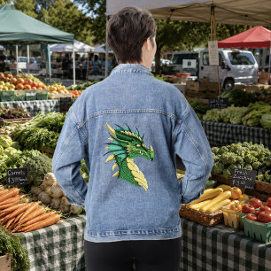 Smaragdgroene Draak Portret Kop Fantasie Denim Jacket