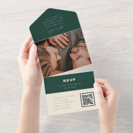 Smaragdgroene Eenvoudige Trouwfoto QR Code RSVP All In One Uitnodiging