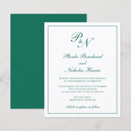 Smaragdgroene Elegante Budget Bruiloft Uitnodiging (Voorkant / Achterkant)