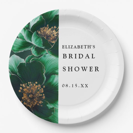 Smaragdgroene Elegante Moderne Bloemrijke Bruidsdo Papieren Bordje (Voorkant)