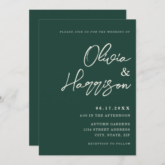 Smaragdgroene Elegante Script All In One Trouwdag Kaart (Voorkant / Achterkant)