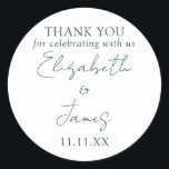 Smaragdgroene Elegante Script Bruiloft Bedankt Ronde Sticker<br><div class="desc">Deze eenvoudige smaragdgroene elegante script bruiloft bedankt sticker kan worden gepersonaliseerd met uw informatie in moderne typografie. Ontworpen door Thisisnotme©</div>