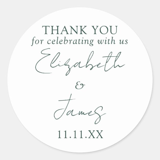 Smaragdgroene Elegante Script Bruiloft Bedankt Ronde Sticker (Voorkant)