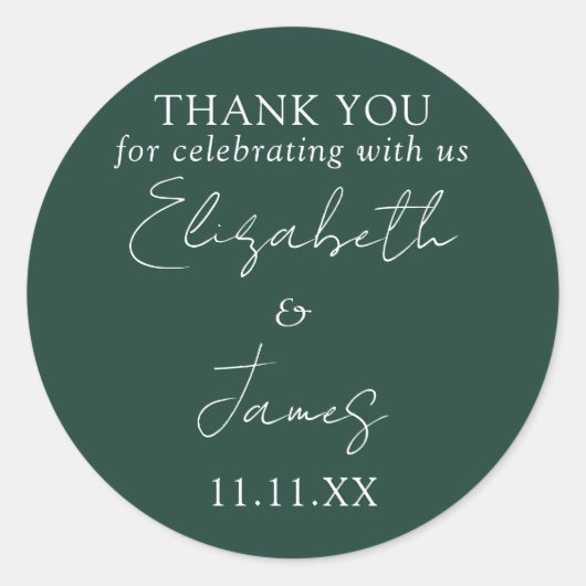 Smaragdgroene Elegante Script Bruiloft Bedankt Ronde Sticker (Voorkant)