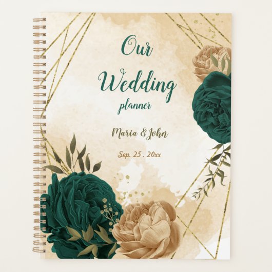 Smaragdgroene en beige gouden bloemen planner (Voorkant)
