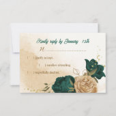 Smaragdgroene en beige gouden bloemen RSVP kaartje (Voorkant)