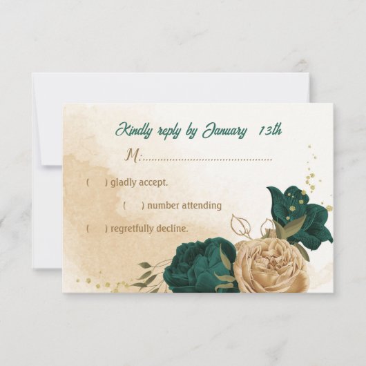 Smaragdgroene en beige gouden bloemen RSVP kaartje (Voorkant)