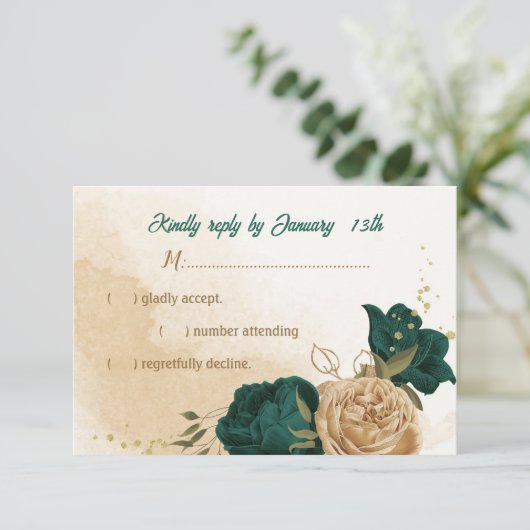 Smaragdgroene en beige gouden bloemen RSVP kaartje (Staand voorkant)