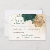 Smaragdgroene en beige gouden bloemen RSVP kaartje (Voorkant)
