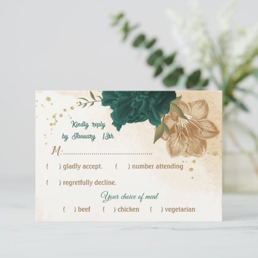 Smaragdgroene en beige gouden bloemen RSVP kaartje (Staand voorkant)