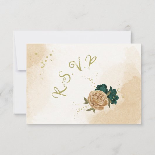 Smaragdgroene en beige gouden bloemen RSVP kaartje (Achterkant)