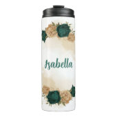 Smaragdgroene en beige gouden bloemen thermosbeker (Voorkant)