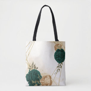 Smaragdgroene en beige gouden bloemen tote bag