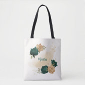 Smaragdgroene en beige gouden bloemen tote bag (Voorkant)