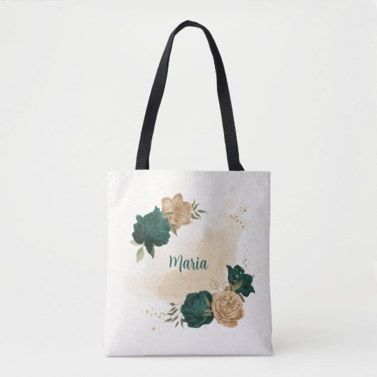 Smaragdgroene en beige gouden bloemen tote bag (Voorkant)
