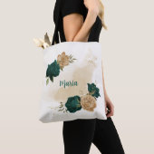 Smaragdgroene en beige gouden bloemen tote bag (Dichtbij)