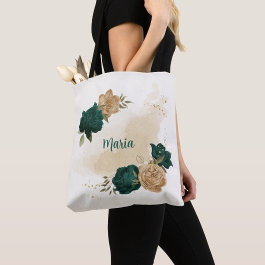 Smaragdgroene en beige gouden bloemen tote bag (Dichtbij)