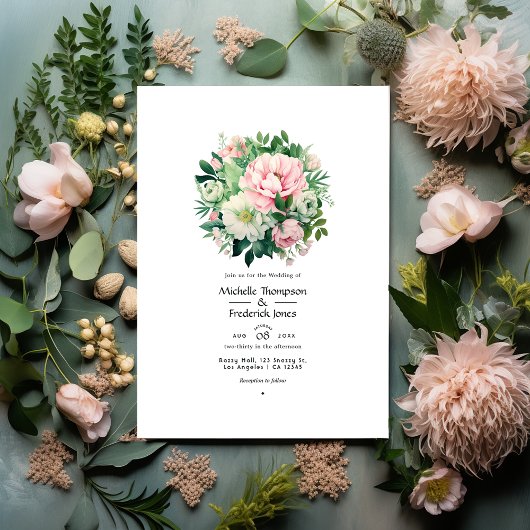 Smaragdgroene en Blush Roze Bloemige Bruiloft Kaart