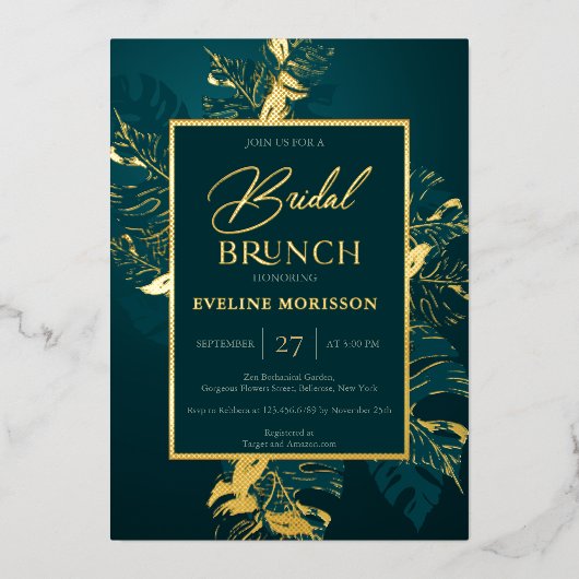 Smaragdgroene en echte gouden folie bruidsbrunch uitnodiging (Voorkant)