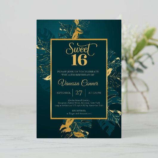Smaragdgroene en echte gouden folie sweet sixteen  folie uitnodiging (Staand Voorkant)