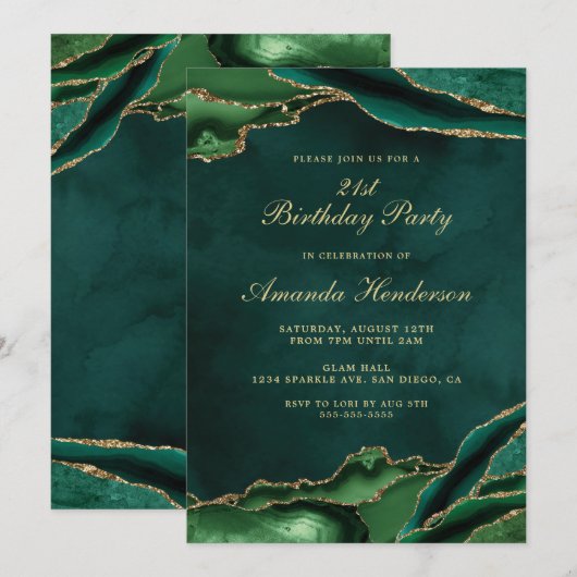 Smaragdgroene en gouden agaatmarmeren uitnodiging (Voorkant / Achterkant)