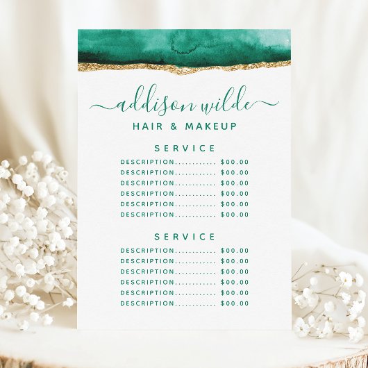 Smaragdgroene en gouden aquarelserviceprijs menu