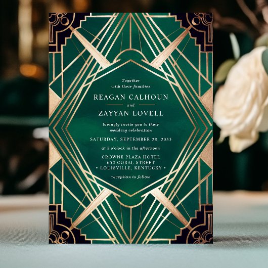 Smaragdgroene en gouden art deco bruiloft kaart