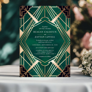 Smaragdgroene en Gouden Art Deco Trouwdag Kaart
