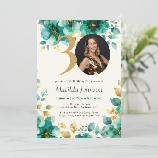 Smaragdgroene en gouden bloemen 30e verjaardag kaart (Staand voorkant)