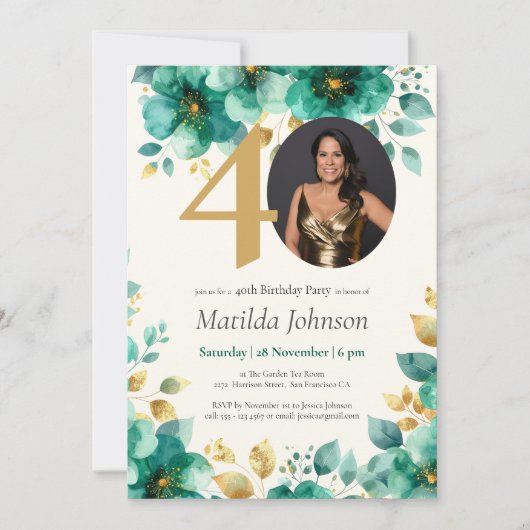 Smaragdgroene en gouden bloemen 40e verjaardag kaart (Voorkant)