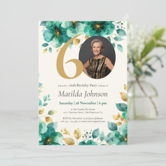 Smaragdgroene en gouden bloemen 60e verjaardag kaart (Staand voorkant)