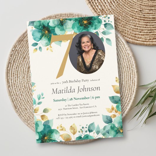 Smaragdgroene en gouden bloemen 70e verjaardag kaart