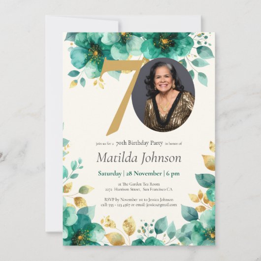 Smaragdgroene en gouden bloemen 70e verjaardag kaart (Voorkant)