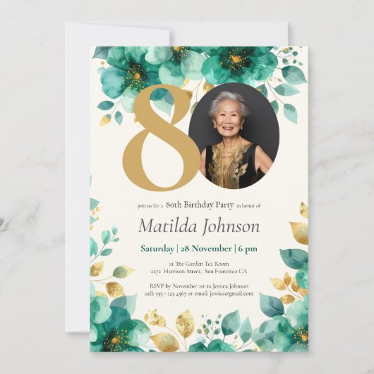 Smaragdgroene en gouden bloemen 80e verjaardag kaart (Voorkant)