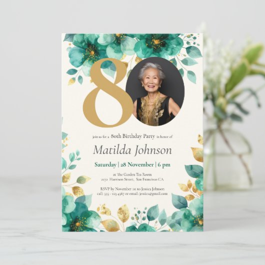 Smaragdgroene en gouden bloemen 80e verjaardag kaart (Staand voorkant)