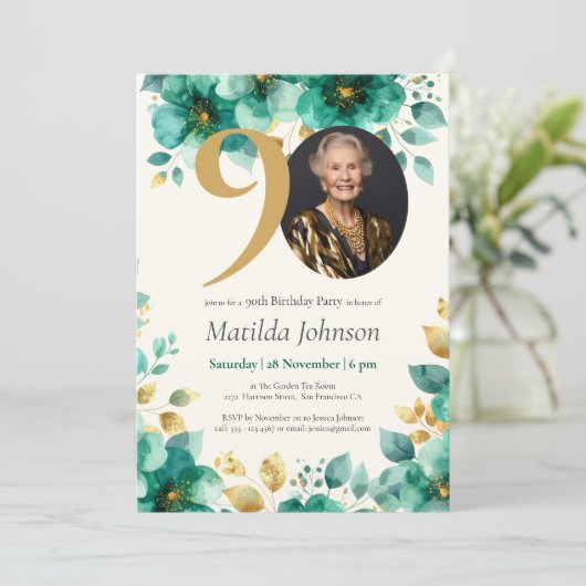 Smaragdgroene en gouden bloemen 90e verjaardag kaart (Staand voorkant)