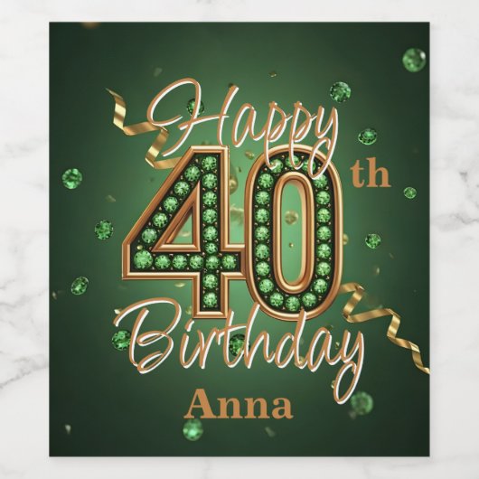 Smaragdgroene en gouden edelsteen 40e verjaardag wijn etiket (Enkel label)