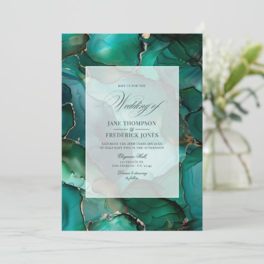 Smaragdgroene en gouden inkt bruiloft kaart (Staand voorkant)