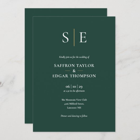 Smaragdgroene en gouden monogram trouw kaart (Voorkant / Achterkant)