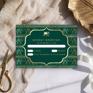 Smaragdgroene en gouden olifant Indiase bruiloft RSVP Kaartje