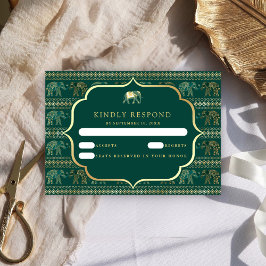 Smaragdgroene en Gouden Olifant Indiase Trouwdag RSVP Kaartje