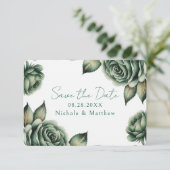 Smaragdgroene en gouden rozen huwelijks save the date (Staand voorkant)