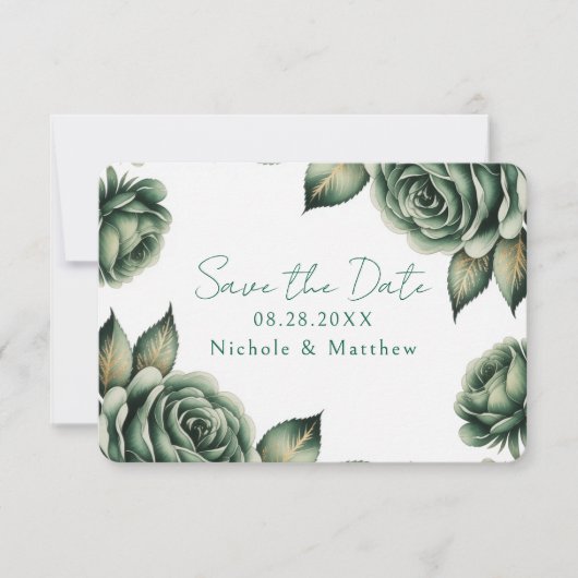 Smaragdgroene en gouden rozen huwelijks save the date (Voorkant)