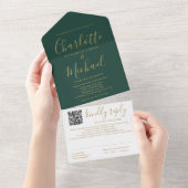 Smaragdgroene en gouden script QR-code trouwfeest All In One Uitnodiging (Afscheurbaar)