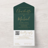 Smaragdgroene en gouden script QR-code trouwfeest All In One Uitnodiging (Binnen)