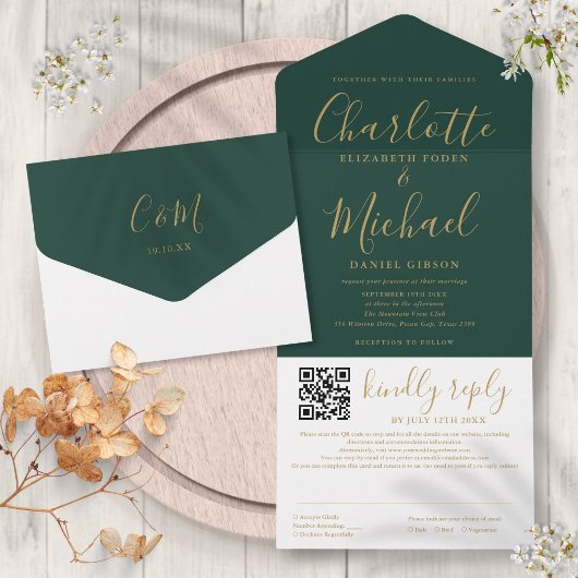 Smaragdgroene en gouden script QR-code trouwfeest All In One Uitnodiging