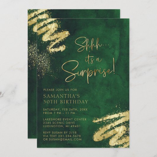Smaragdgroene en gouden verrassingsfeestje kaart (Voorkant / Achterkant)