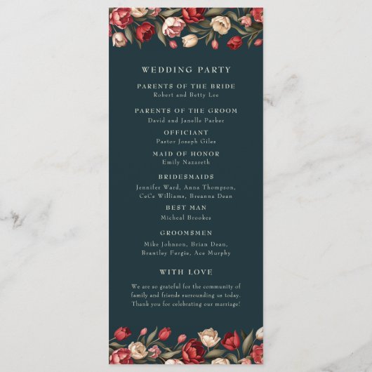 Smaragdgroene en rode tulp bruiloft programmakaart (Achterkant)